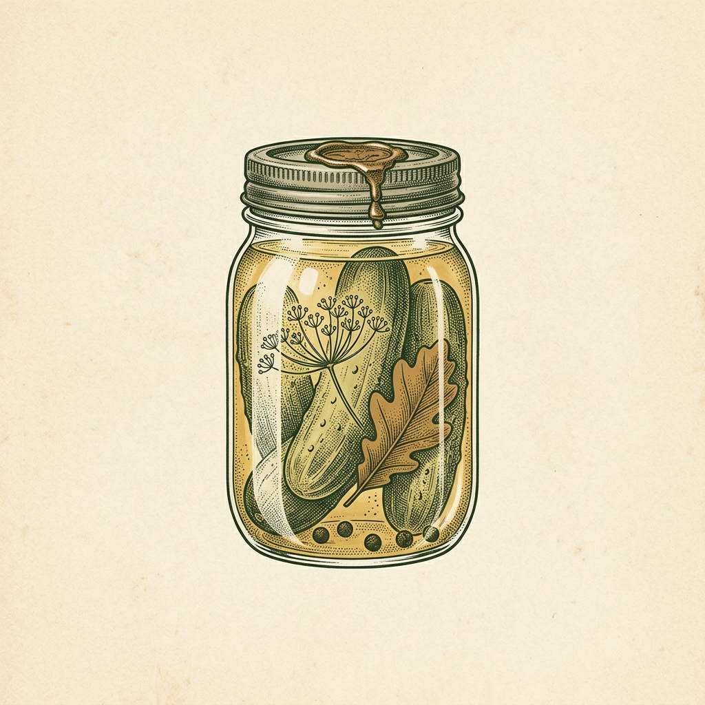 Fully fermented pickle jar with dill and oak leaf