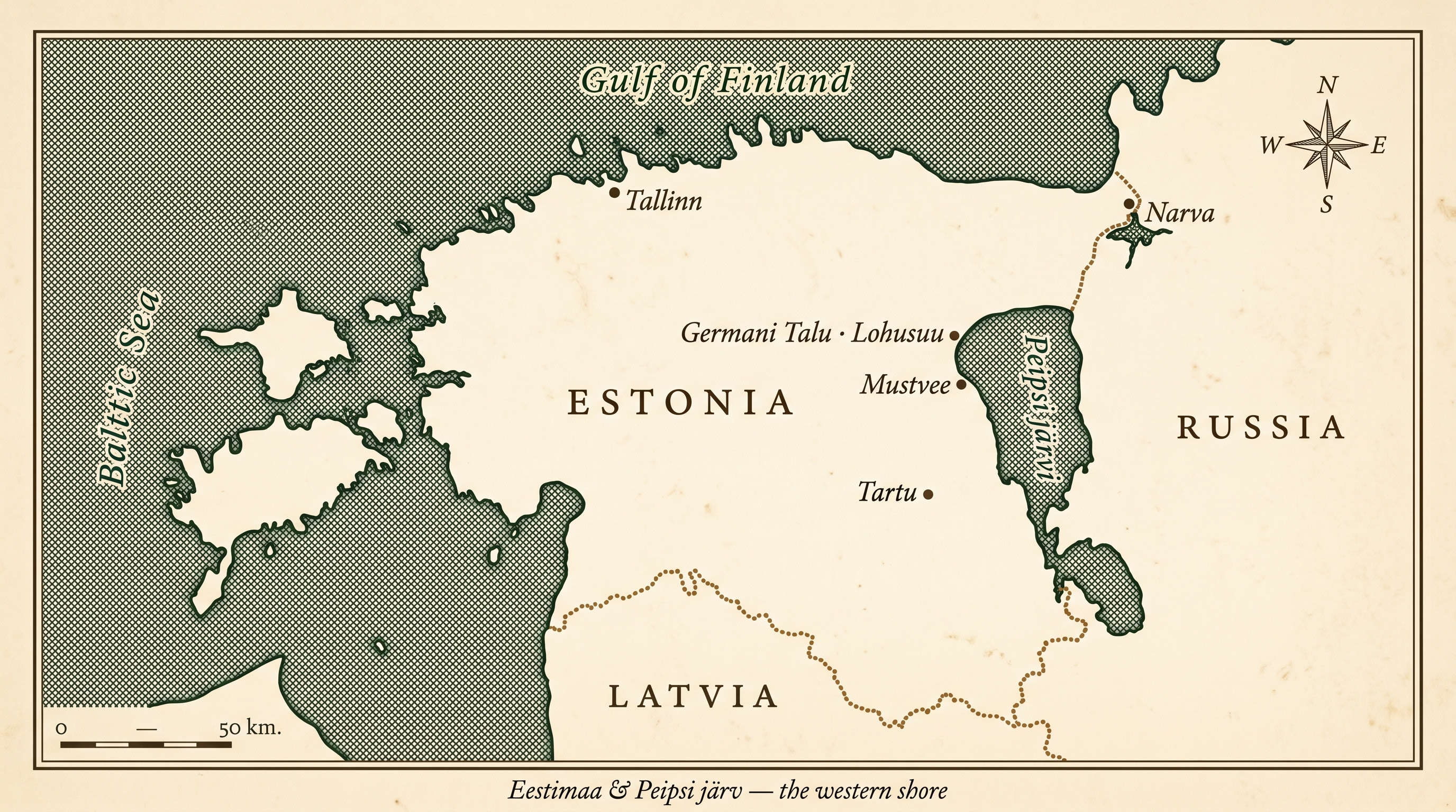 Map of Estonia showing Lake Peipsi with Germani Talu north of Mustvee on the western shore