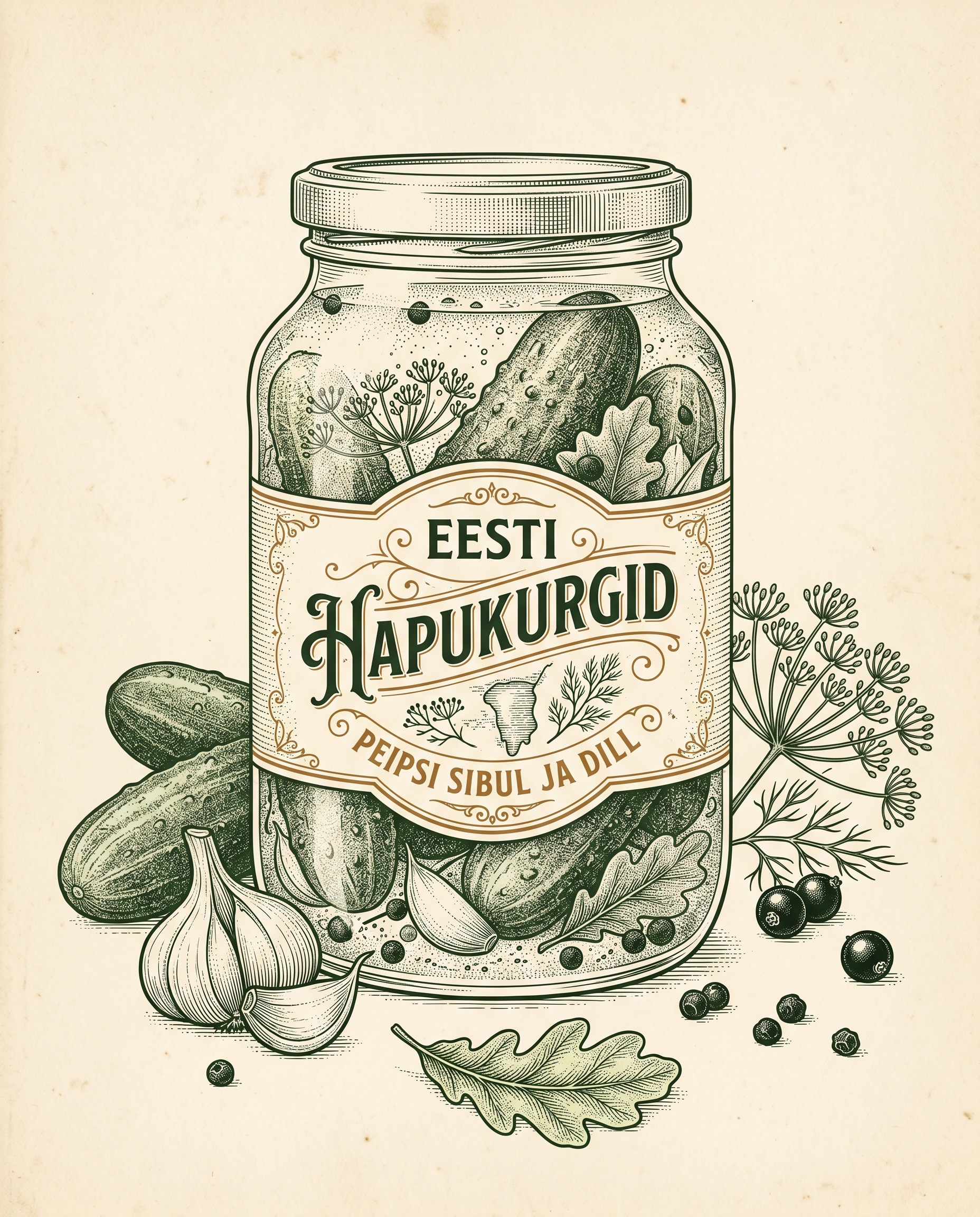 Peipsi Kurk pickle jar, still life with dill, garlic and oak leaves